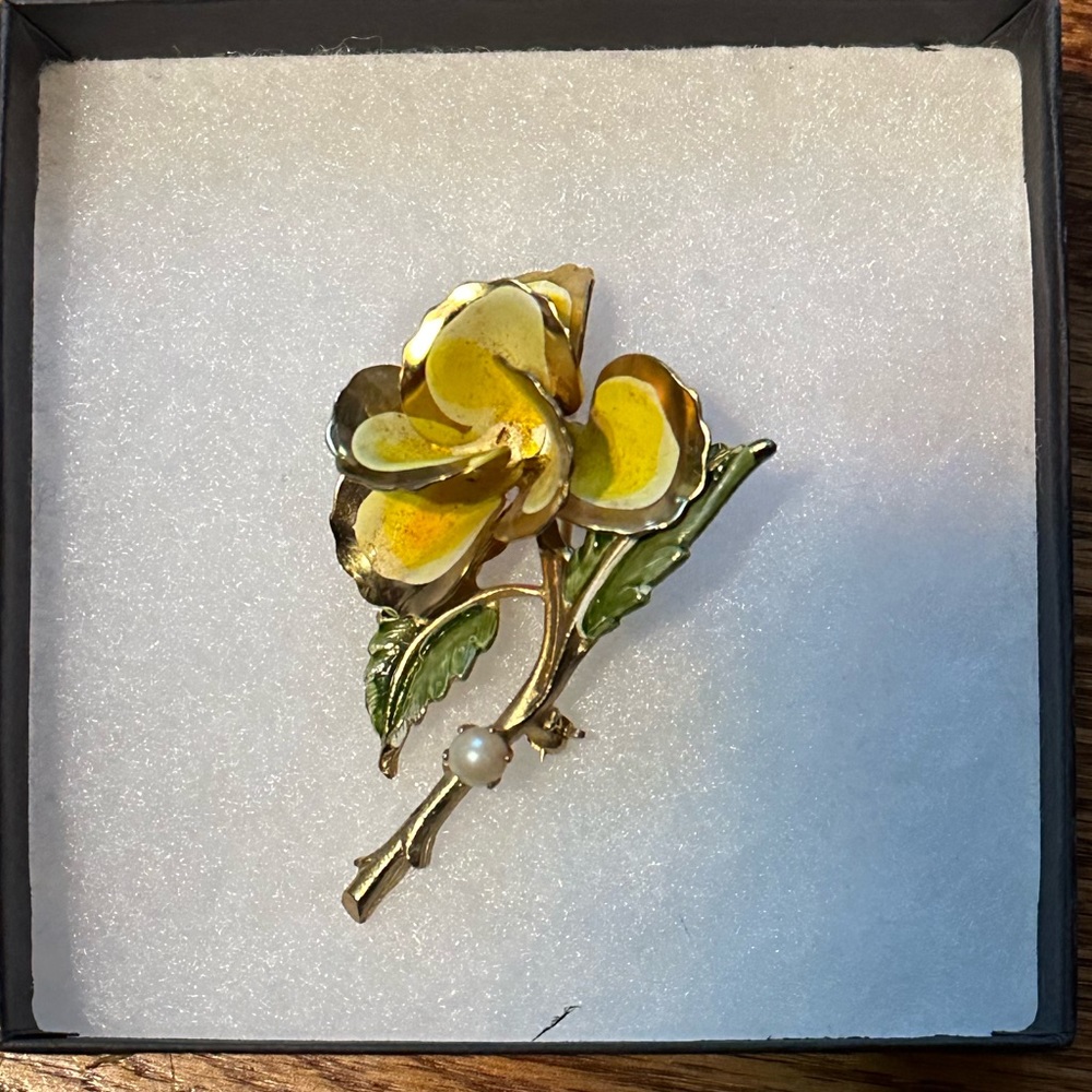 Vintage hand painted yellow and gold flower brooch